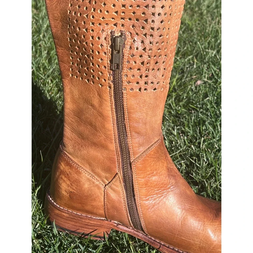 BED STU Tan Leather Knee High Boots Sz 7 Cutout‎ Laced Side Goodyear Welt Women